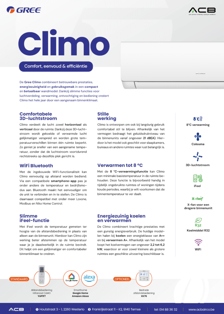 Ontdek alle specificaties van de GREE Climo wandunit.